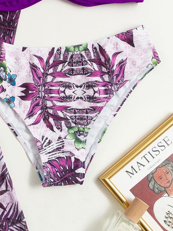Women's High Waist Printed Three Piece Bikini With Mesh Cape Split Cover-Up