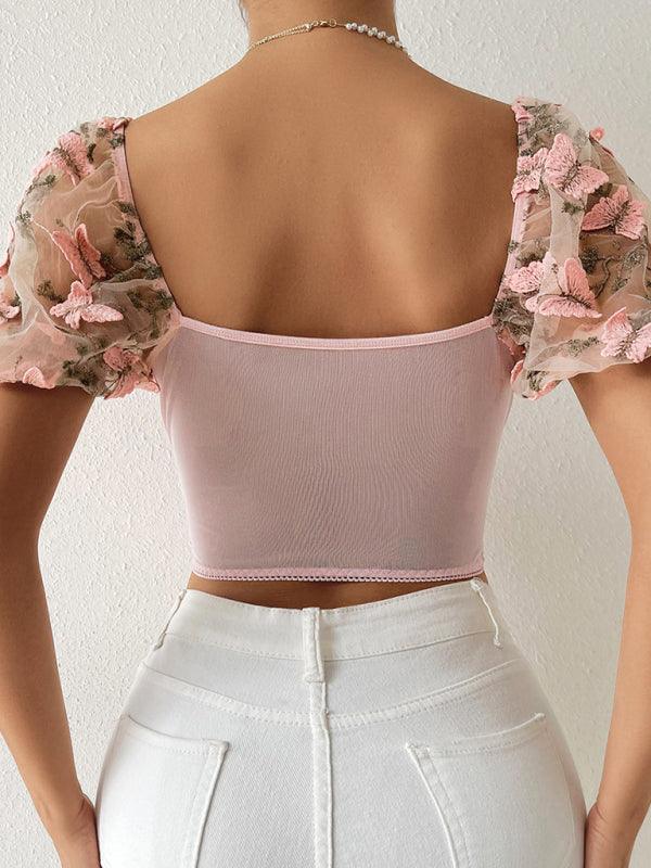 Women's Puff Sleeve Floral Navel Crop Top - SALA