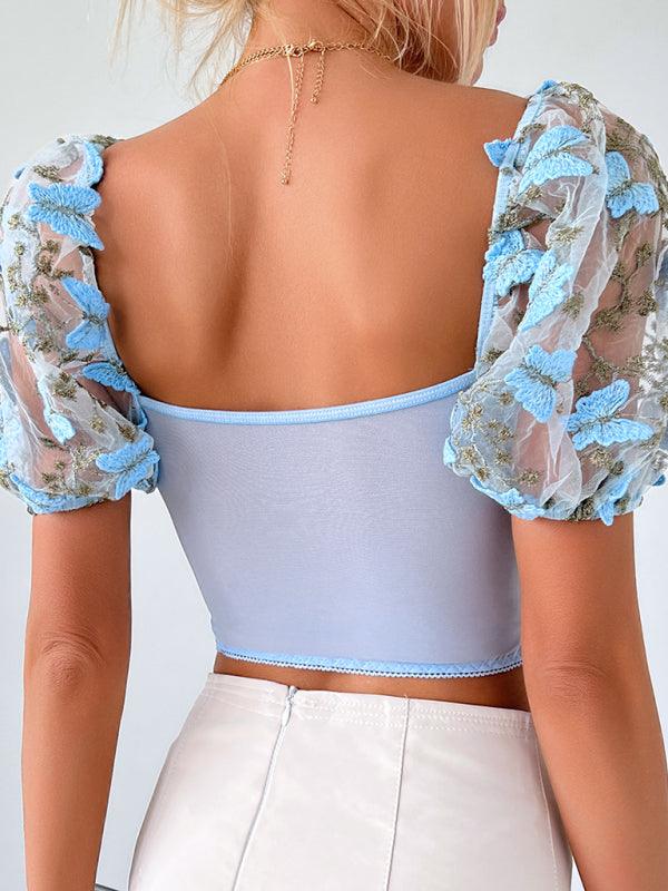 Women's Puff Sleeve Floral Navel Crop Top - SALA