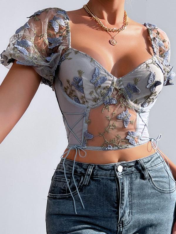 Women's Puff Sleeve Floral Navel Crop Top - SALA