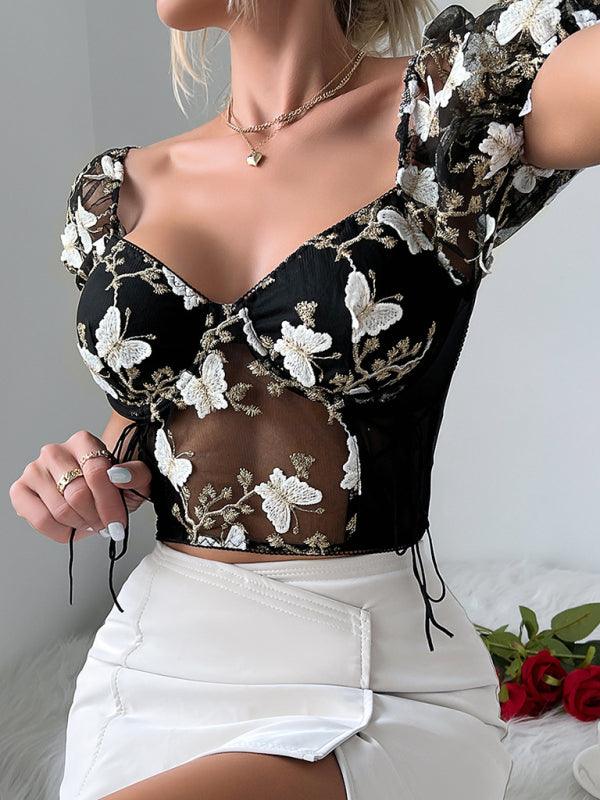 Women's Puff Sleeve Floral Navel Crop Top - SALA