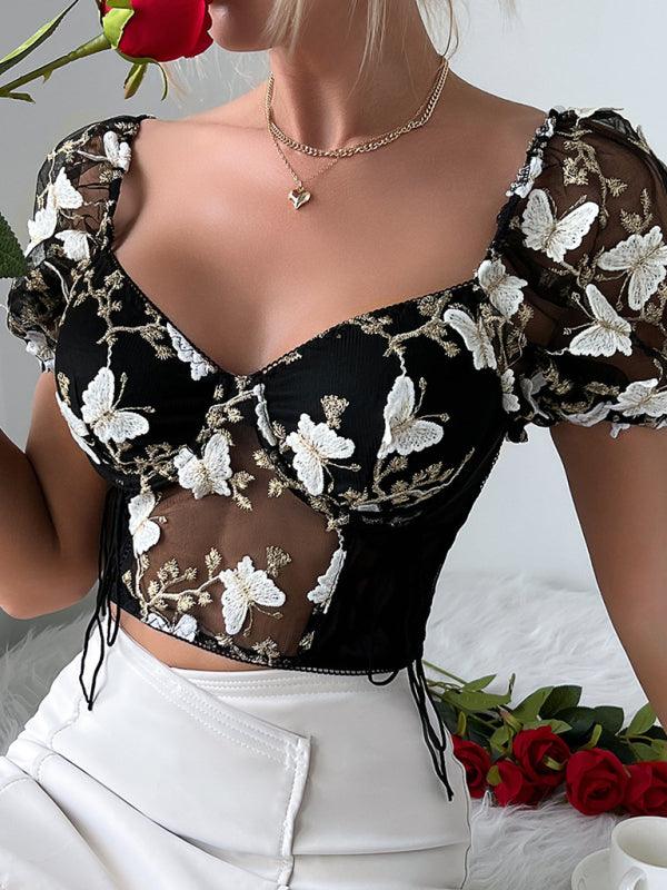 Women's Puff Sleeve Floral Navel Crop Top - SALA