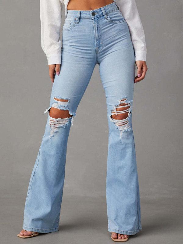 Women's Ripped Denim Wide-Leg Pants - SALA