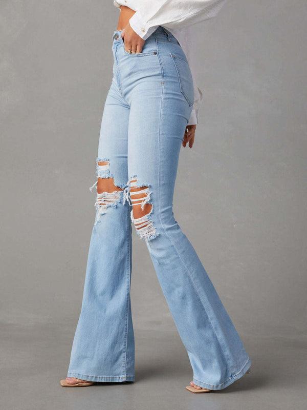 Women's Ripped Denim Wide-Leg Pants - SALA