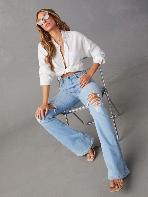 Women's Ripped Denim Wide-Leg Pants - SALA