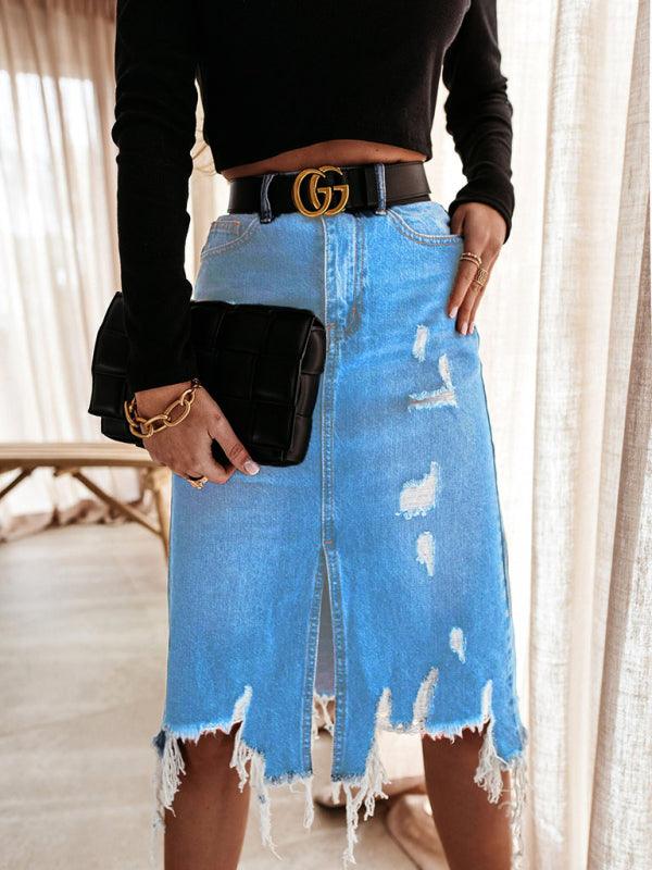 Women's Ripped Fringed Denim Skirt - SALA