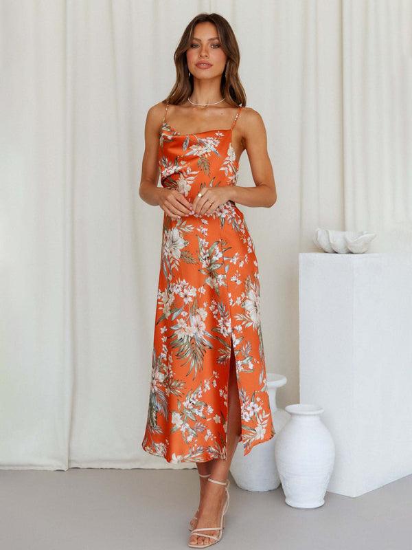 Women's Satin Sling Sexy Floral Midi Dress