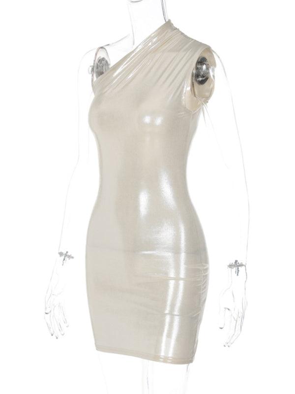 Women’s Shiny Faux Leather Slant Shoulder Hip Dress - SALA