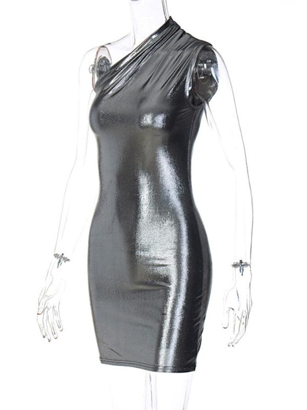 Women’s Shiny Faux Leather Slant Shoulder Hip Dress - SALA