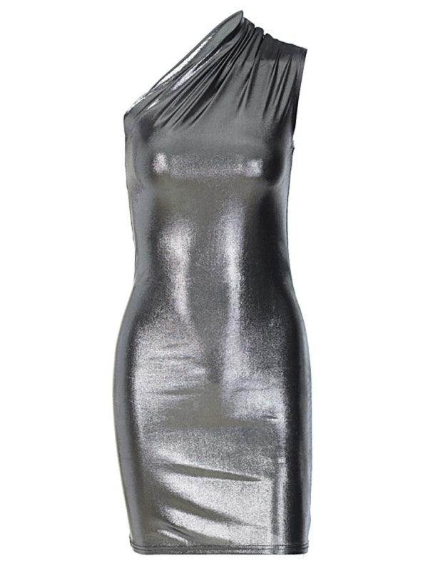 Women’s Shiny Faux Leather Slant Shoulder Hip Dress - SALA