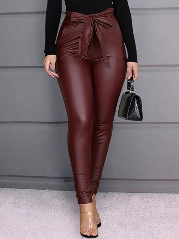 Women’s Slim Fit Tie Belt Faux Leather Pants - SALA