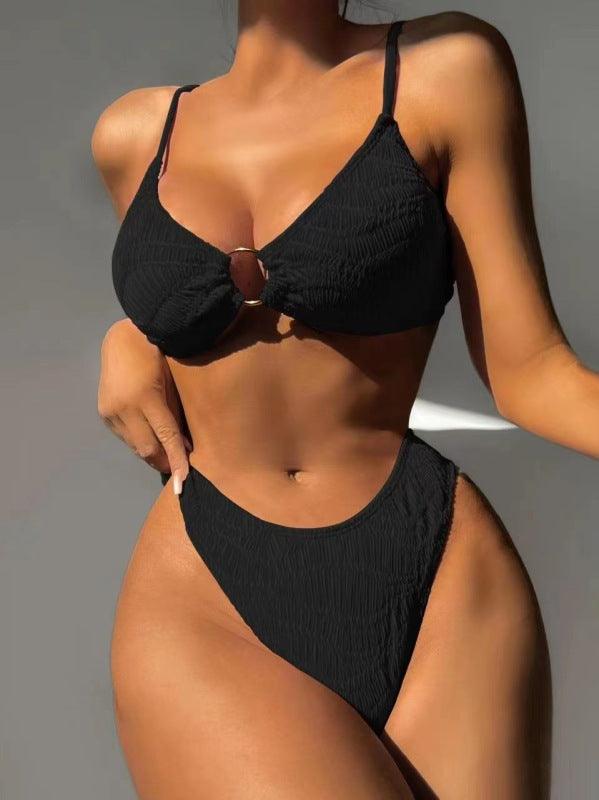 Women's Solid Color O-Ring Bikini Top With Matching Bottom Set - SALA