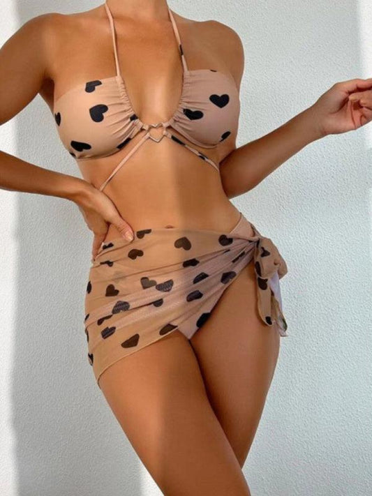 Women's Three Piece Plus Heart Print Halter Bikini Swimsuit & Beach Skirt