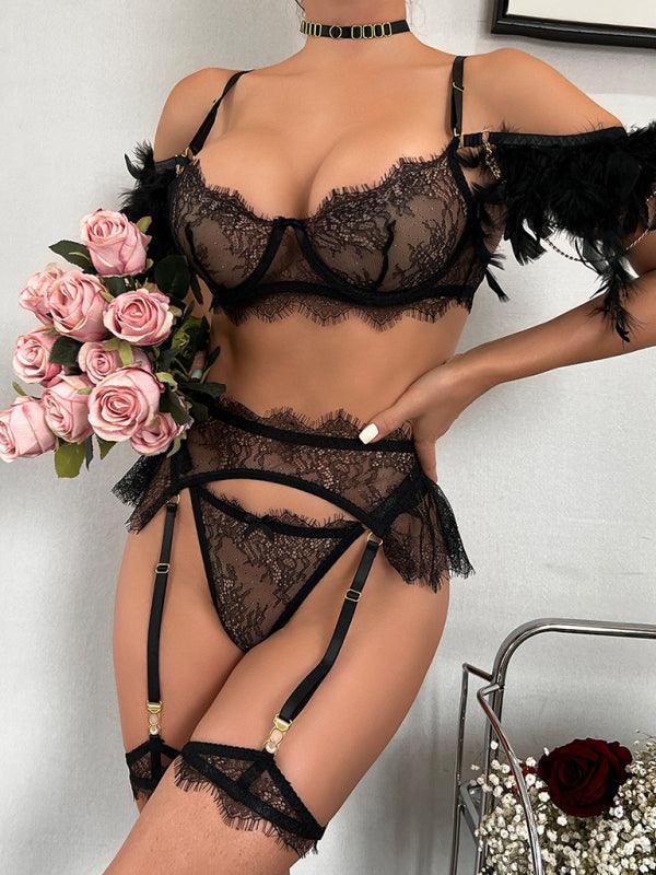 Women's Three Piece Feather Sleeve Lingerie Set - SALA