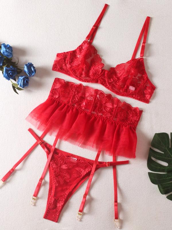 Women's Three-Piece Lace Lingerie Set With Small Skirt + Garter Belt - SALA