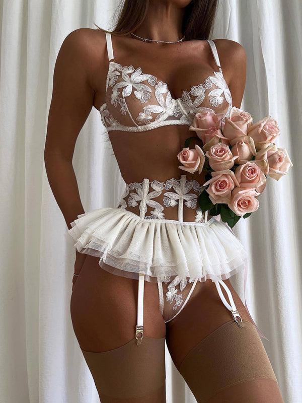 Women's Three-Piece Lace Lingerie Set With Small Skirt + Garter Belt - SALA