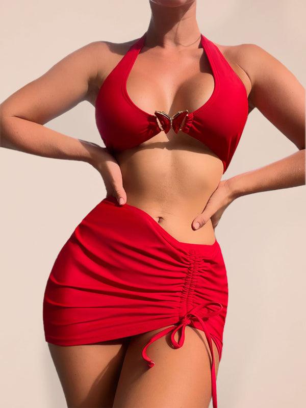Women's Three Piece Ruched Bikini Set With Beach Skirt - SALA