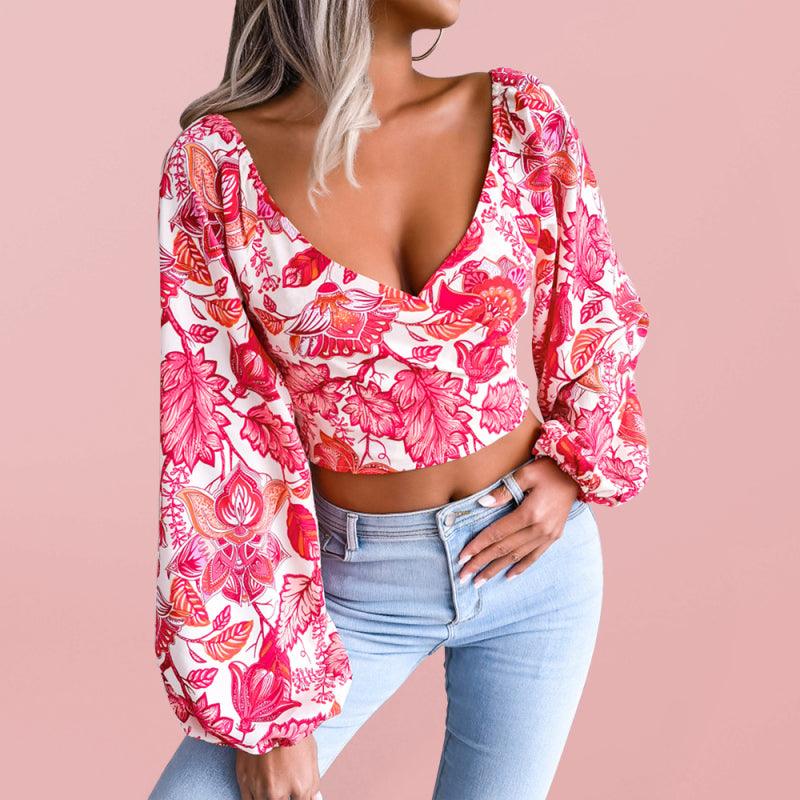 Women's V-neck Long Sleeve Floral Chiffon Shirt - SALA