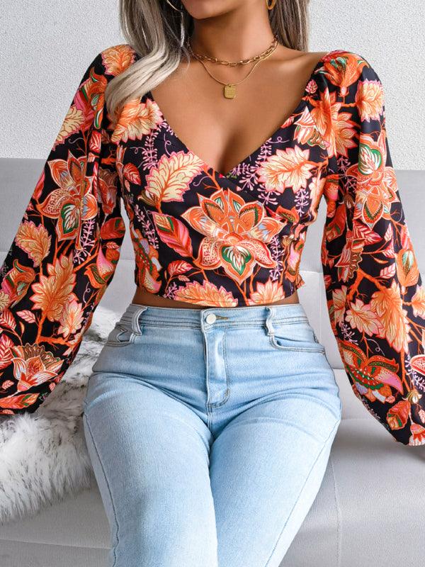 Women's V-neck Long Sleeve Floral Chiffon Shirt - SALA