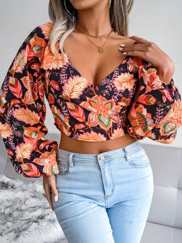 Women's V-neck Long Sleeve Floral Chiffon Shirt - SALA