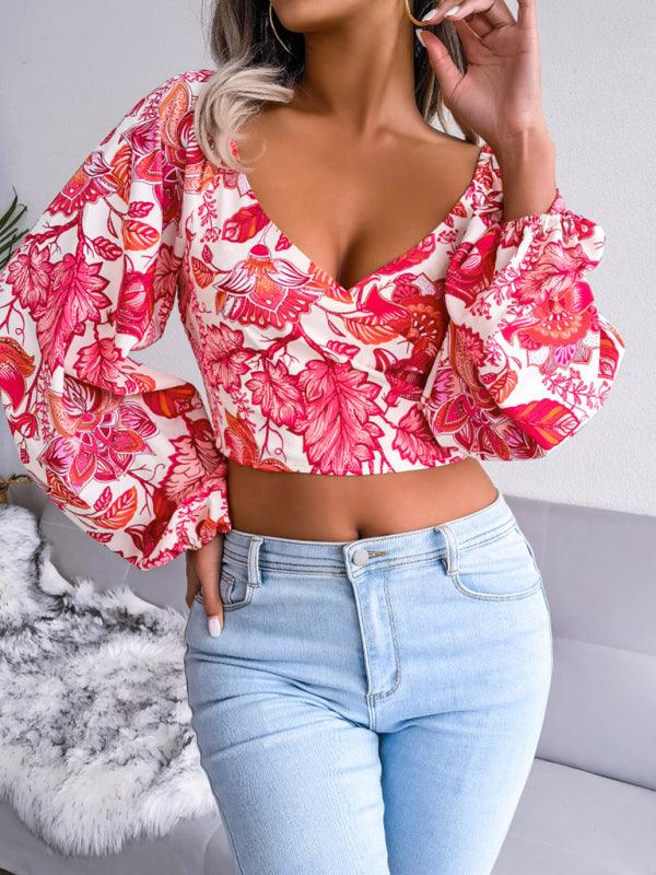 Women's V-neck Long Sleeve Floral Chiffon Shirt - SALA