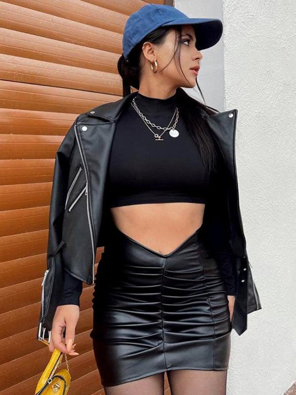 Women’s Vegan Leather Ruched Low Cut Skirt - SALA