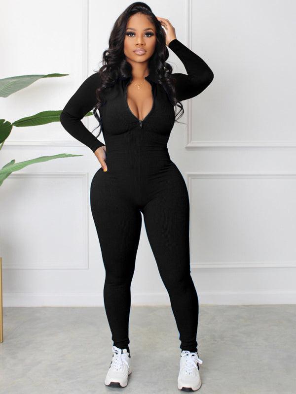 Women's New Pit-Striped Zipper Sport Jumpsuit